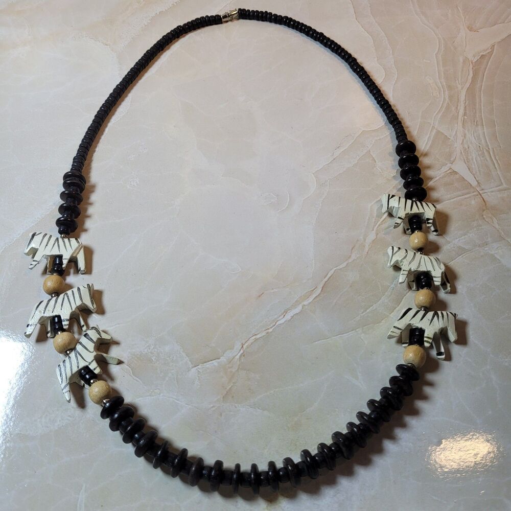 Vintage Safari Necklace Wood Zebra With Black Beads Necklace Zoo - Hand Painted